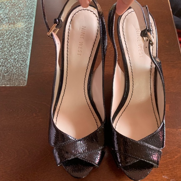Black Patent Leather Cork Sling Back Wedges - Picture 1 of 8